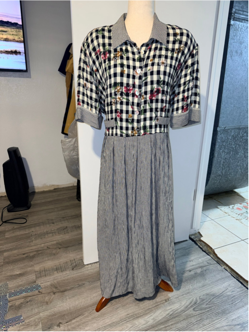 Vintage 90s S.L. Fashions Mixed Print Gingham Floral Maxi Dress 18W
